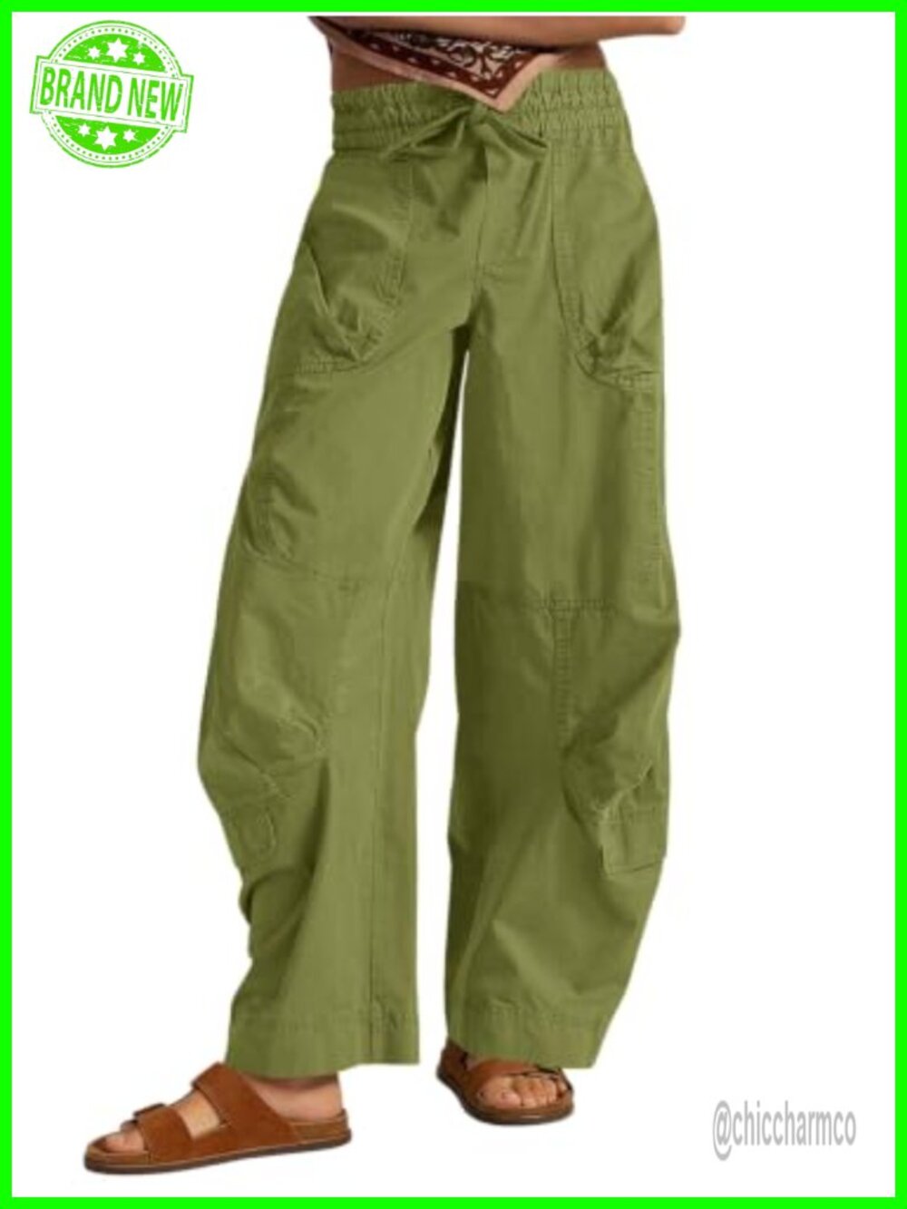 Womens Wide Leg Barrel Pants 100% Cotton Drawstring High Waist Baggy Trousers